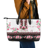 Red Romanian National Costume Leather Tote Bag Peony Flowers Traditional Folk Pattern - Wonder Print Shop
