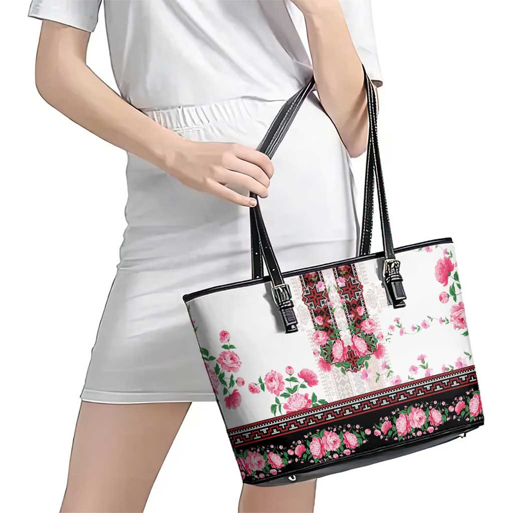 Red Romanian National Costume Leather Tote Bag Peony Flowers Traditional Folk Pattern - Wonder Print Shop