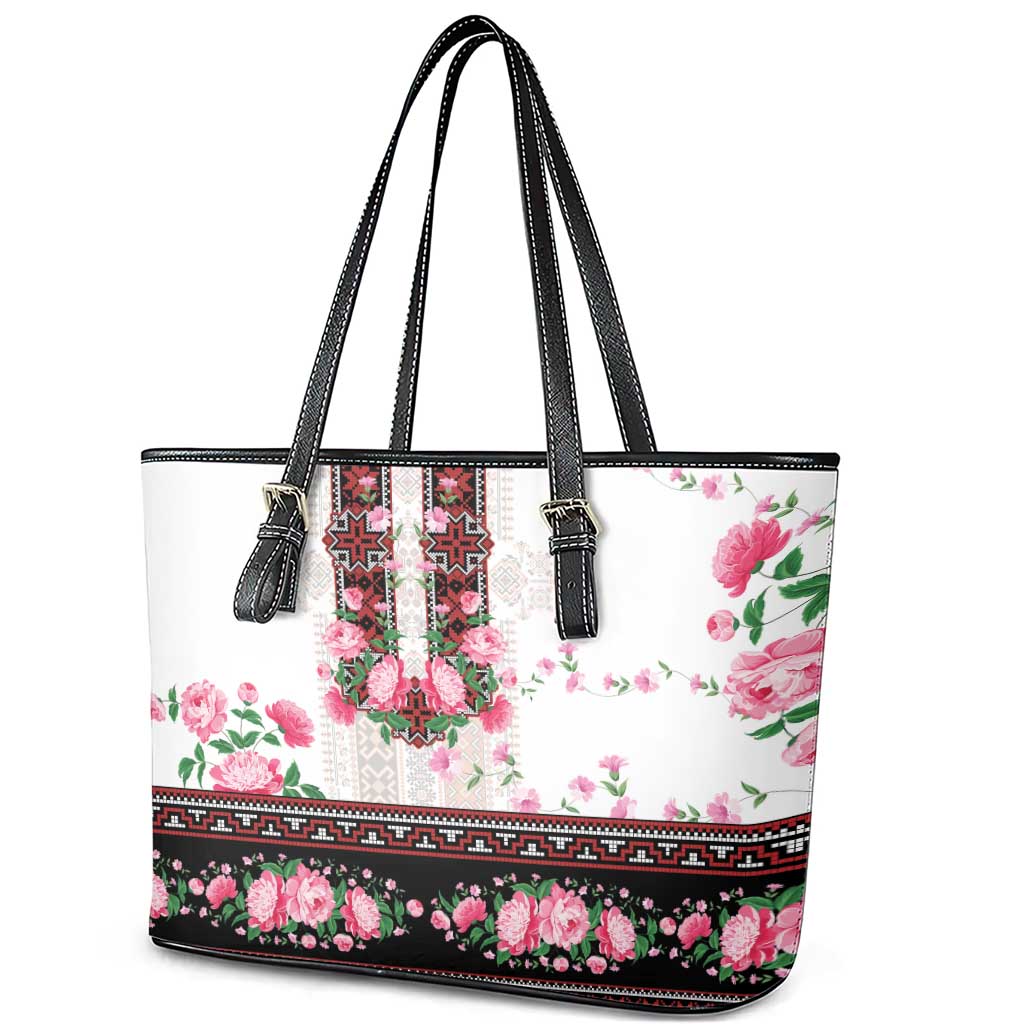 Red Romanian National Costume Leather Tote Bag Peony Flowers Traditional Folk Pattern - Wonder Print Shop