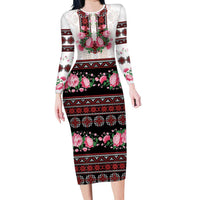 Red Romanian National Costume Long Sleeve Bodycon Dress Peony Flowers Traditional Folk Pattern - Wonder Print Shop