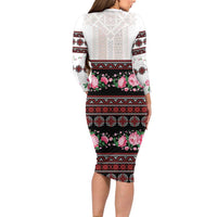 Red Romanian National Costume Long Sleeve Bodycon Dress Peony Flowers Traditional Folk Pattern - Wonder Print Shop