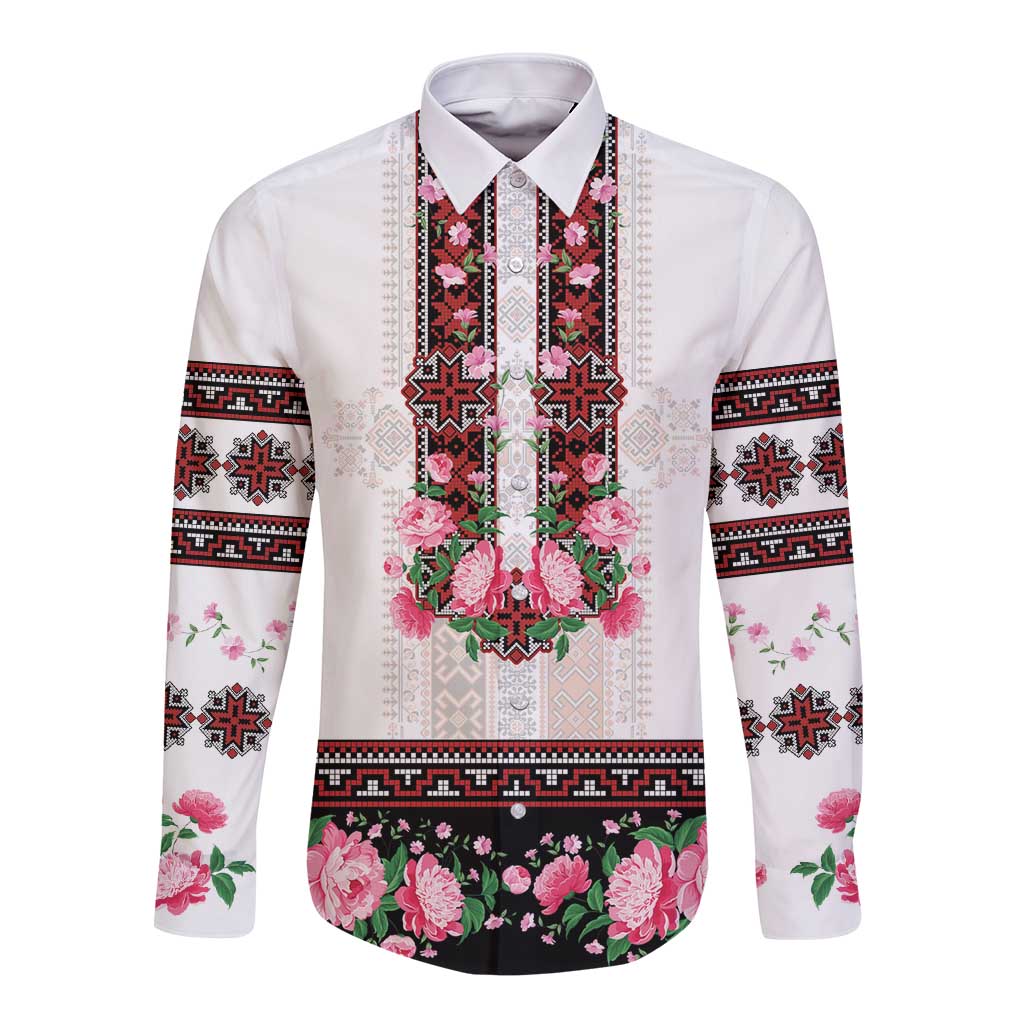 Red Romanian National Costume Long Sleeve Button Shirt Peony Flowers Traditional Folk Pattern - Wonder Print Shop