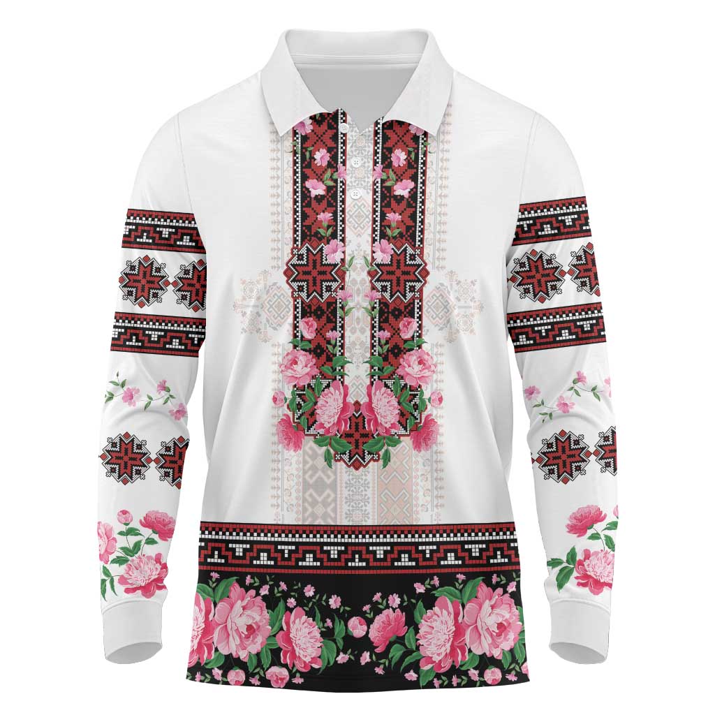 Red Romanian National Costume Long Sleeve Polo Shirt Peony Flowers Traditional Folk Pattern - Wonder Print Shop