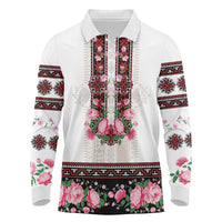 Red Romanian National Costume Long Sleeve Polo Shirt Peony Flowers Traditional Folk Pattern - Wonder Print Shop
