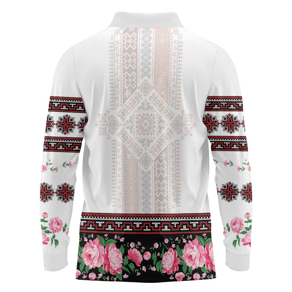 Red Romanian National Costume Long Sleeve Polo Shirt Peony Flowers Traditional Folk Pattern - Wonder Print Shop