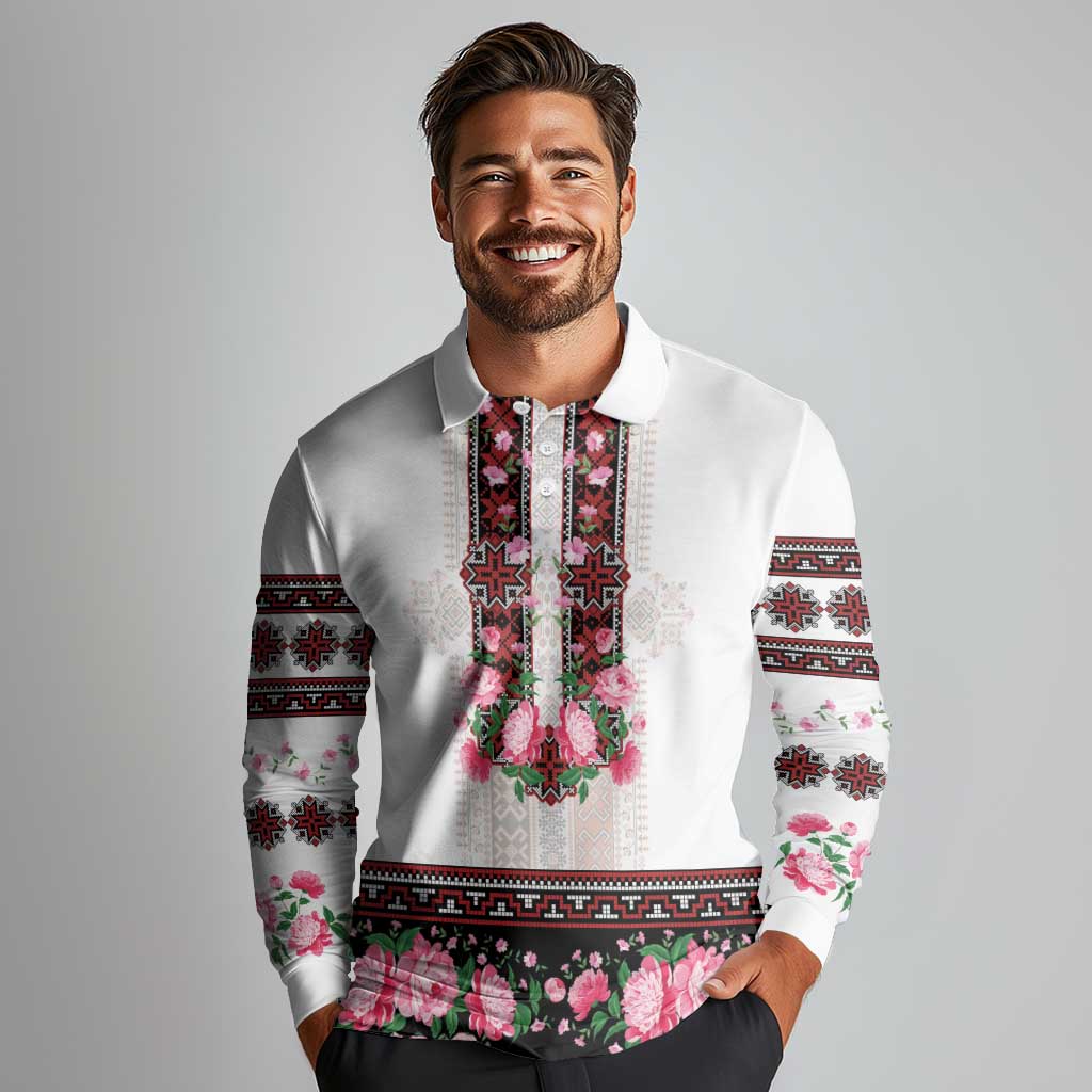 Red Romanian National Costume Long Sleeve Polo Shirt Peony Flowers Traditional Folk Pattern - Wonder Print Shop
