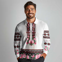 Red Romanian National Costume Long Sleeve Polo Shirt Peony Flowers Traditional Folk Pattern - Wonder Print Shop