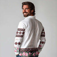 Red Romanian National Costume Long Sleeve Polo Shirt Peony Flowers Traditional Folk Pattern - Wonder Print Shop