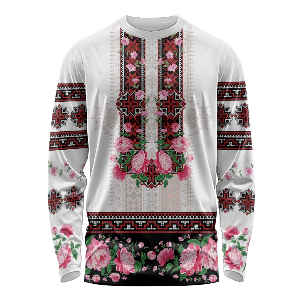 Red Romanian National Costume Long Sleeve Shirt Peony Flowers Traditional Folk Pattern - Wonder Print Shop