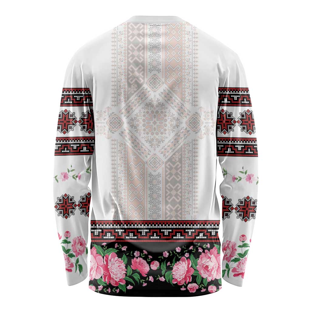 Red Romanian National Costume Long Sleeve Shirt Peony Flowers Traditional Folk Pattern - Wonder Print Shop