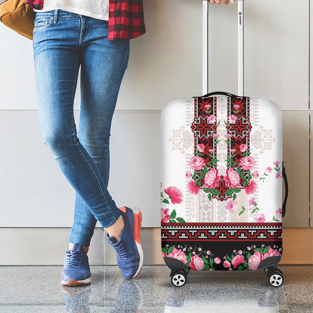 Red Romanian National Costume Luggage Cover Peony Flowers Traditional Folk Pattern - Wonder Print Shop