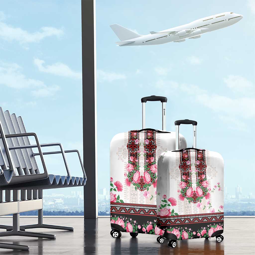 Red Romanian National Costume Luggage Cover Peony Flowers Traditional Folk Pattern - Wonder Print Shop