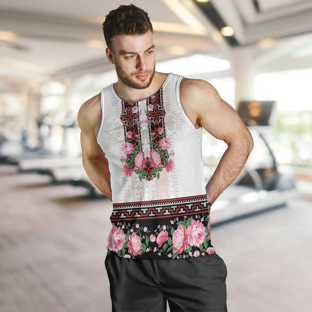 Red Romanian National Costume Men Tank Top Peony Flowers Traditional Folk Pattern - Wonder Print Shop