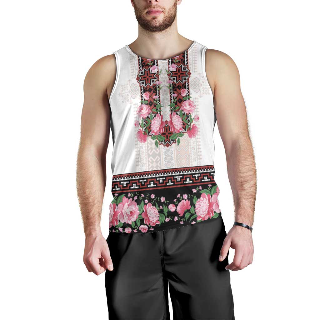 Red Romanian National Costume Men Tank Top Peony Flowers Traditional Folk Pattern - Wonder Print Shop