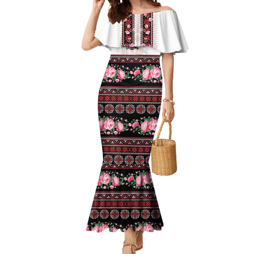 Red Romanian National Costume Mermaid Dress Peony Flowers Traditional Folk Pattern - Wonder Print Shop
