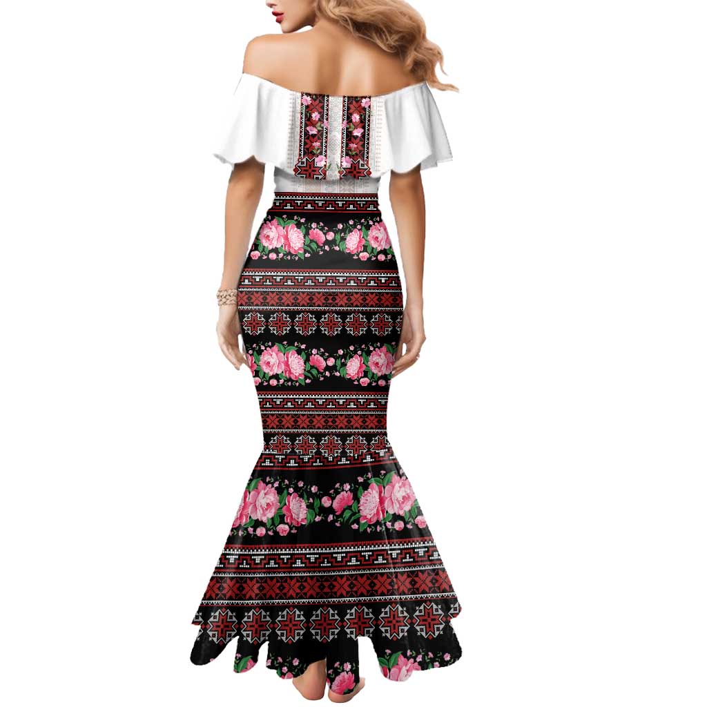 Red Romanian National Costume Mermaid Dress Peony Flowers Traditional Folk Pattern - Wonder Print Shop