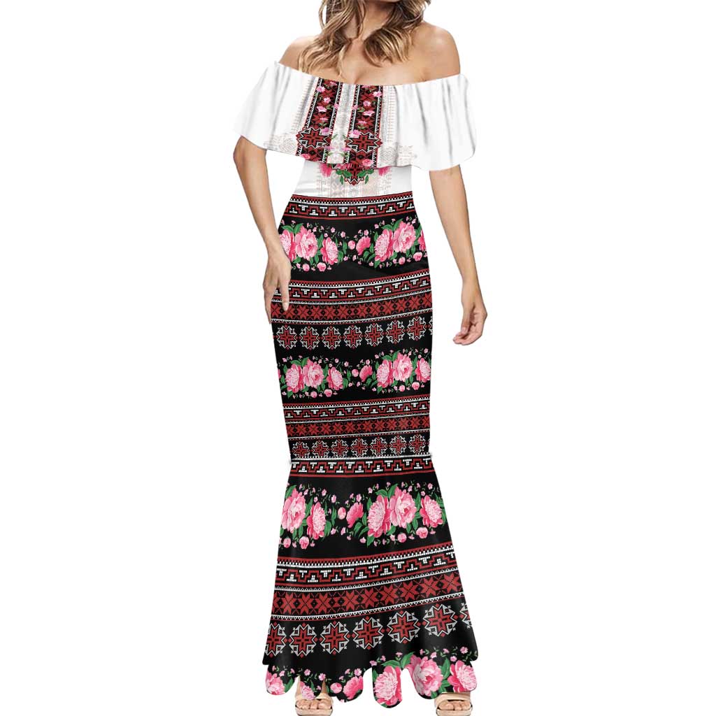 Red Romanian National Costume Mermaid Dress Peony Flowers Traditional Folk Pattern - Wonder Print Shop