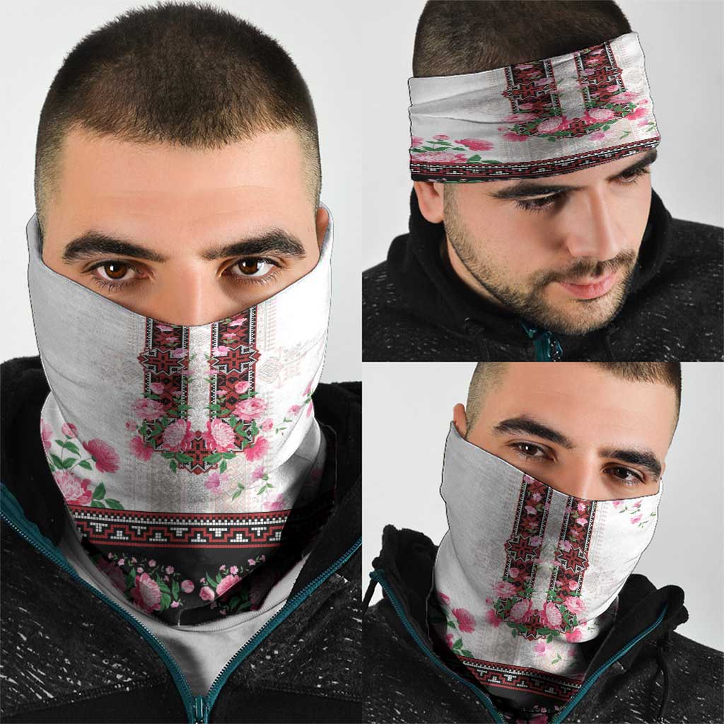 Red Romanian National Costume Neck Gaiter Peony Flowers Traditional Folk Pattern - Wonder Print Shop