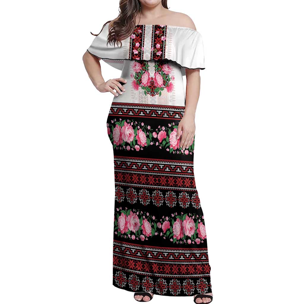 Red Romanian National Costume Off Shoulder Maxi Dress Peony Flowers Traditional Folk Pattern - Wonder Print Shop