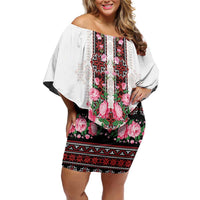Red Romanian National Costume Off Shoulder Short Dress Peony Flowers Traditional Folk Pattern - Wonder Print Shop
