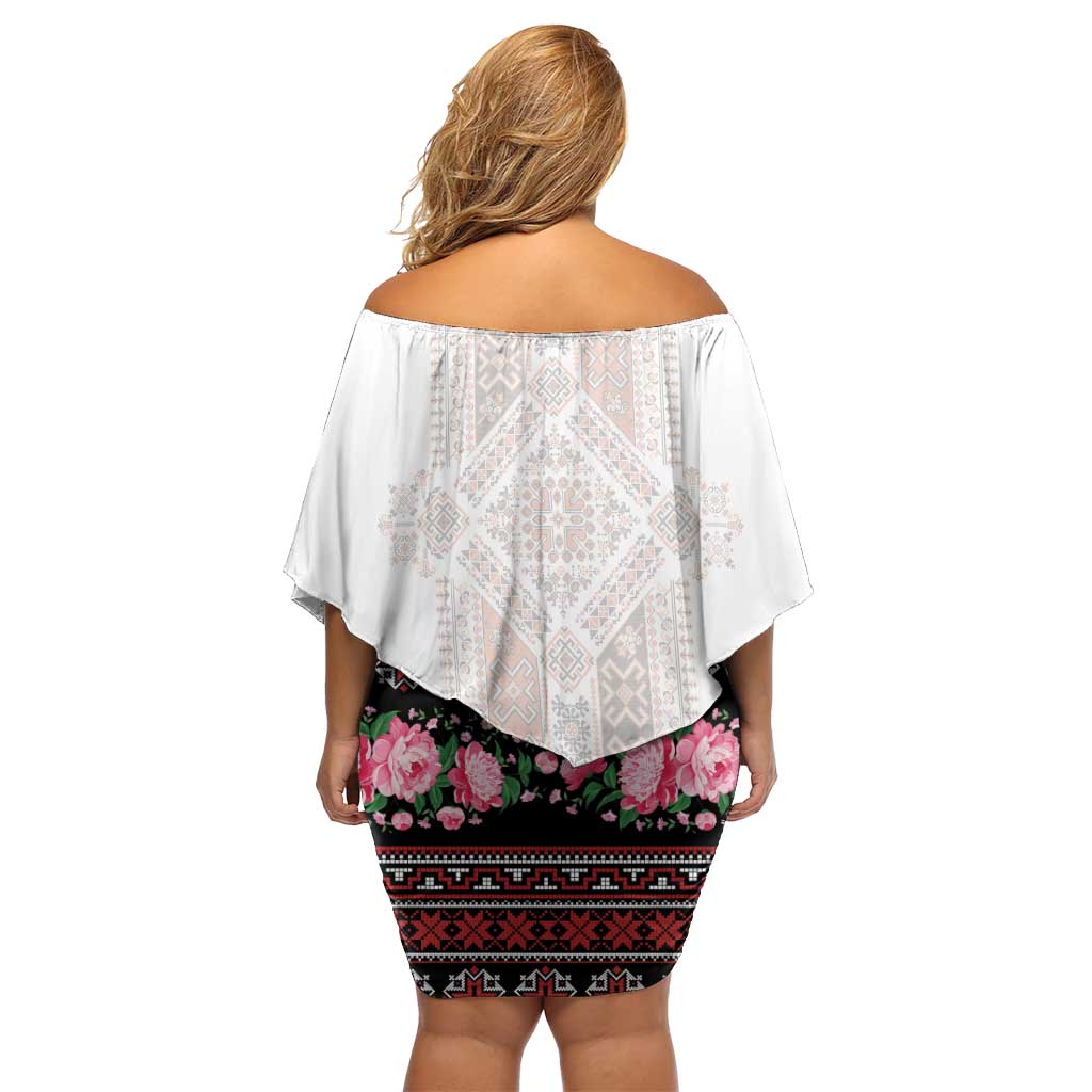 Red Romanian National Costume Off Shoulder Short Dress Peony Flowers Traditional Folk Pattern - Wonder Print Shop