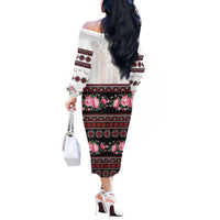 Red Romanian National Costume Off The Shoulder Long Sleeve Dress Peony Flowers Traditional Folk Pattern - Wonder Print Shop
