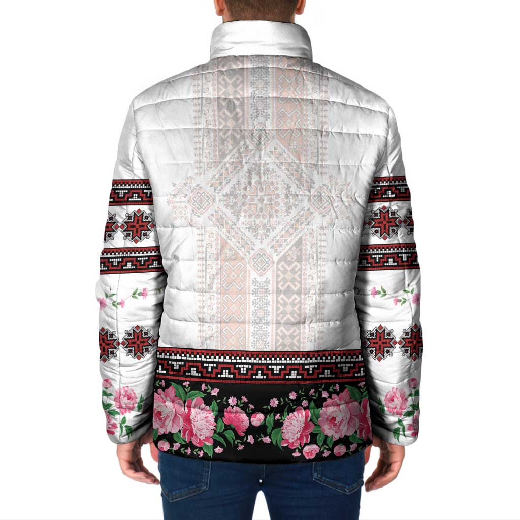 Red Romanian National Costume Padded Jacket Peony Flowers Traditional Folk Pattern - Wonder Print Shop