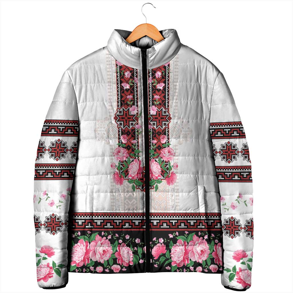 Red Romanian National Costume Padded Jacket Peony Flowers Traditional Folk Pattern - Wonder Print Shop