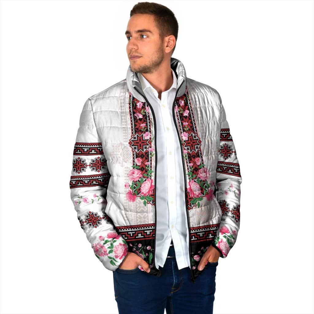 Red Romanian National Costume Padded Jacket Peony Flowers Traditional Folk Pattern - Wonder Print Shop