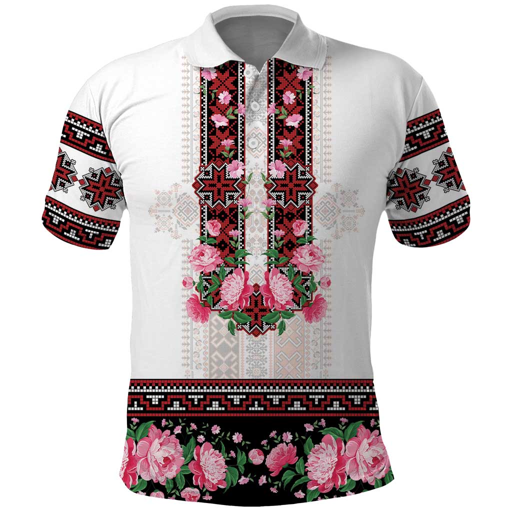 Red Romanian National Costume Polo Shirt Peony Flowers Traditional Folk Pattern - Wonder Print Shop