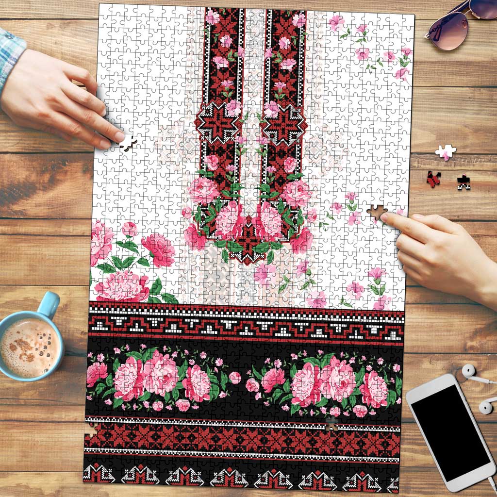 Red Romanian National Costume Puzzle Peony Flowers Traditional Folk Pattern - Wonder Print Shop