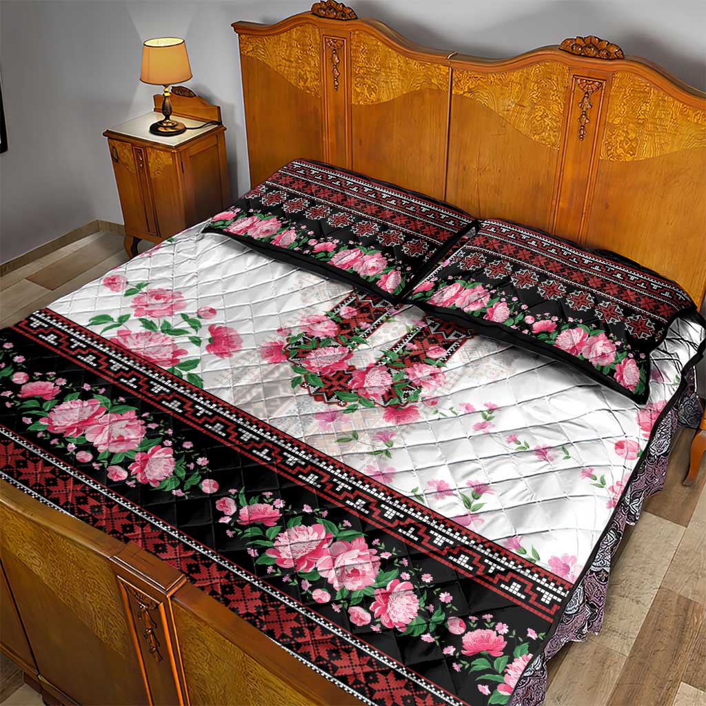 Red Romanian National Costume Quilt Bed Set Peony Flowers Traditional Folk Pattern - Wonder Print Shop