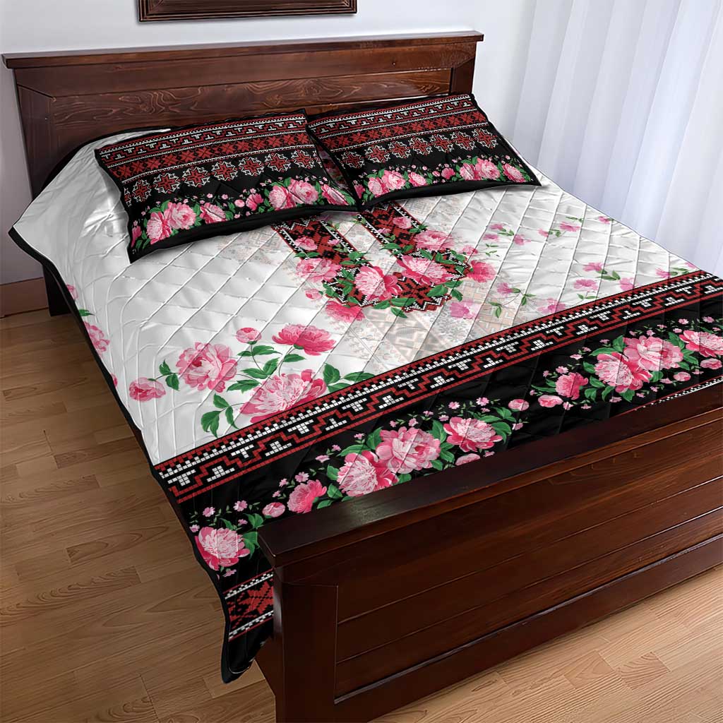 Red Romanian National Costume Quilt Bed Set Peony Flowers Traditional Folk Pattern - Wonder Print Shop