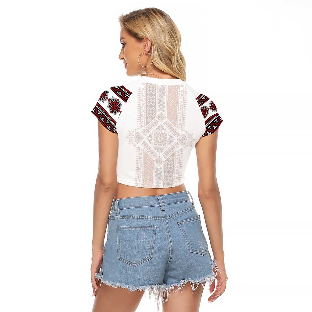 Red Romanian National Costume Raglan Cropped T Shirt Peony Flowers Traditional Folk Pattern - Wonder Print Shop