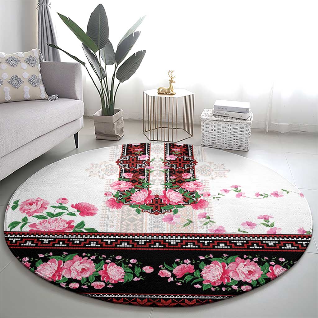 Red Romanian National Costume Round Carpet Peony Flowers Traditional Folk Pattern - Wonder Print Shop