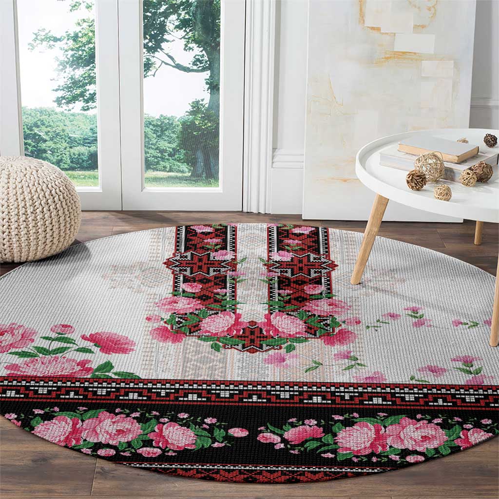Red Romanian National Costume Round Carpet Peony Flowers Traditional Folk Pattern - Wonder Print Shop