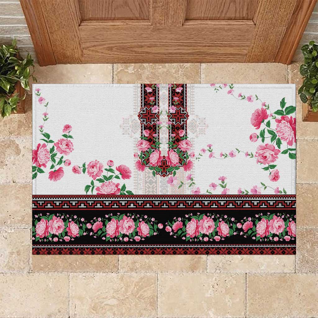 Red Romanian National Costume Rubber Doormat Peony Flowers Traditional Folk Pattern - Wonder Print Shop