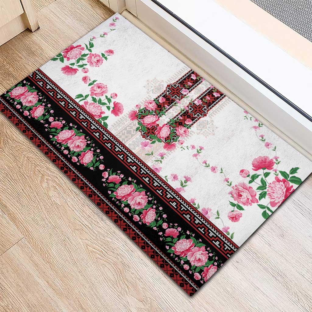 Red Romanian National Costume Rubber Doormat Peony Flowers Traditional Folk Pattern - Wonder Print Shop