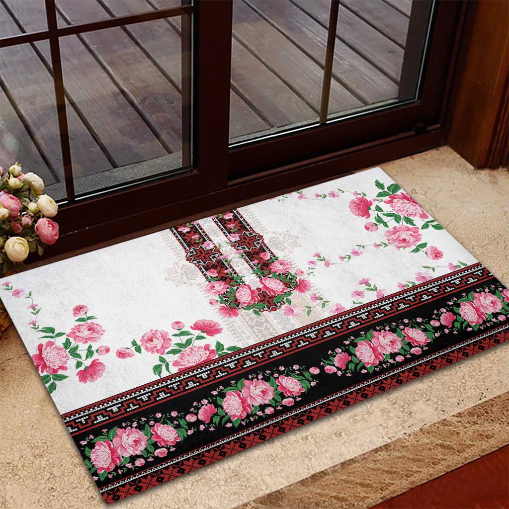 Red Romanian National Costume Rubber Doormat Peony Flowers Traditional Folk Pattern - Wonder Print Shop