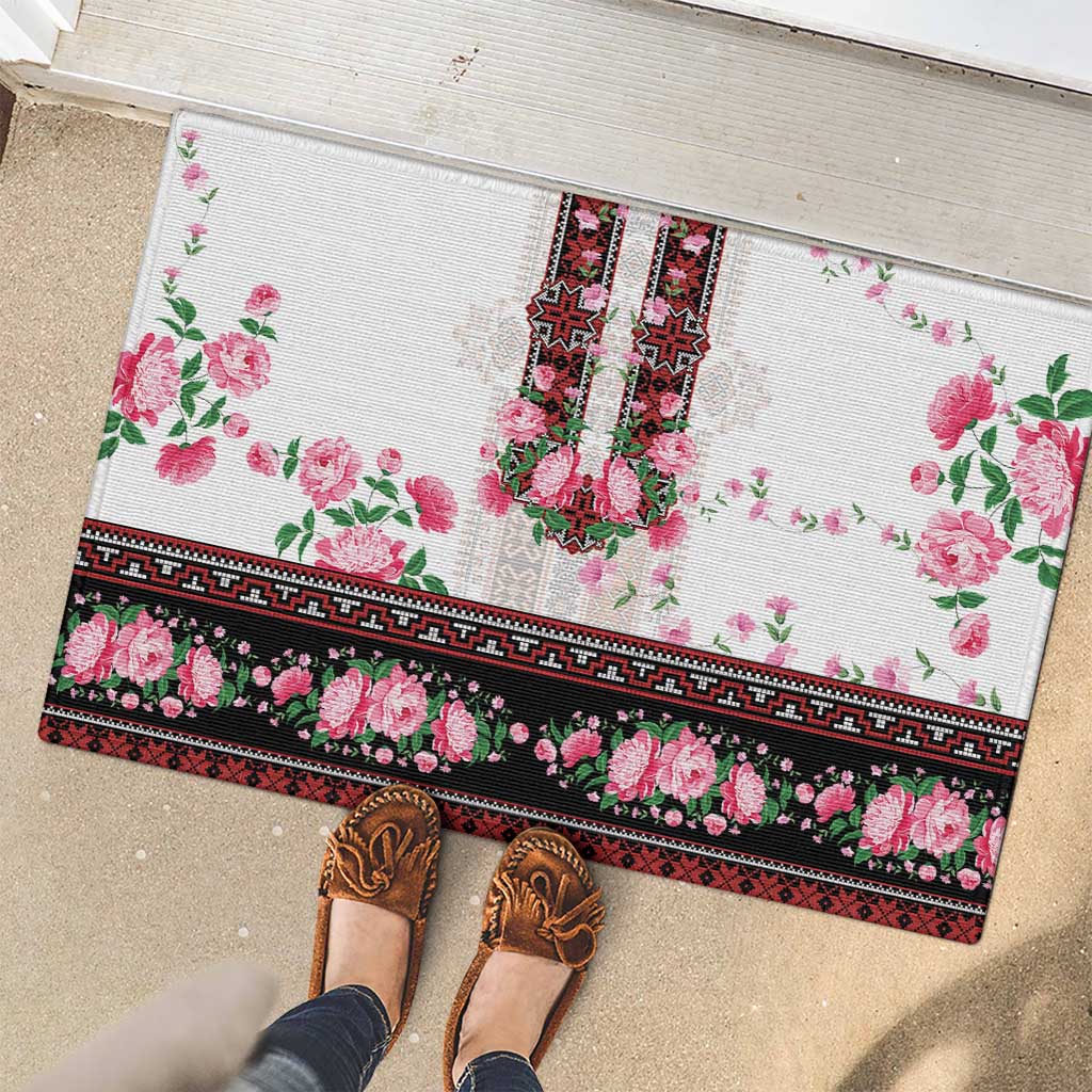 Red Romanian National Costume Rubber Doormat Peony Flowers Traditional Folk Pattern - Wonder Print Shop