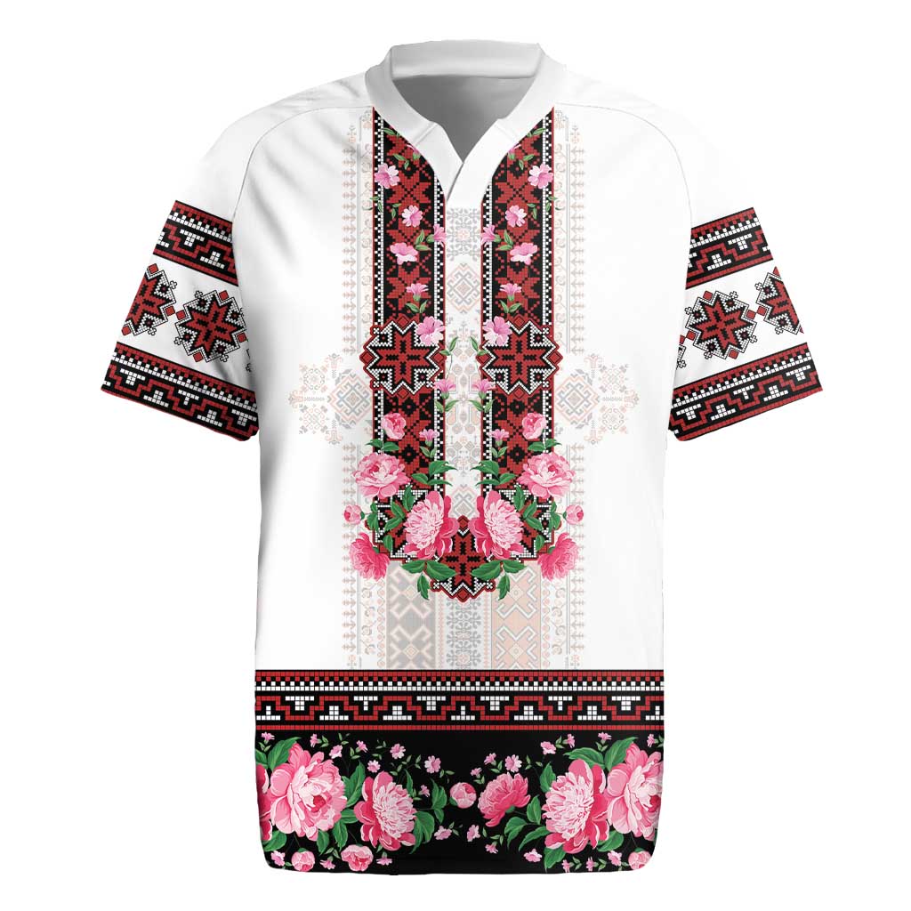 Red Romanian National Costume Rugby Jersey Peony Flowers Traditional Folk Pattern - Wonder Print Shop