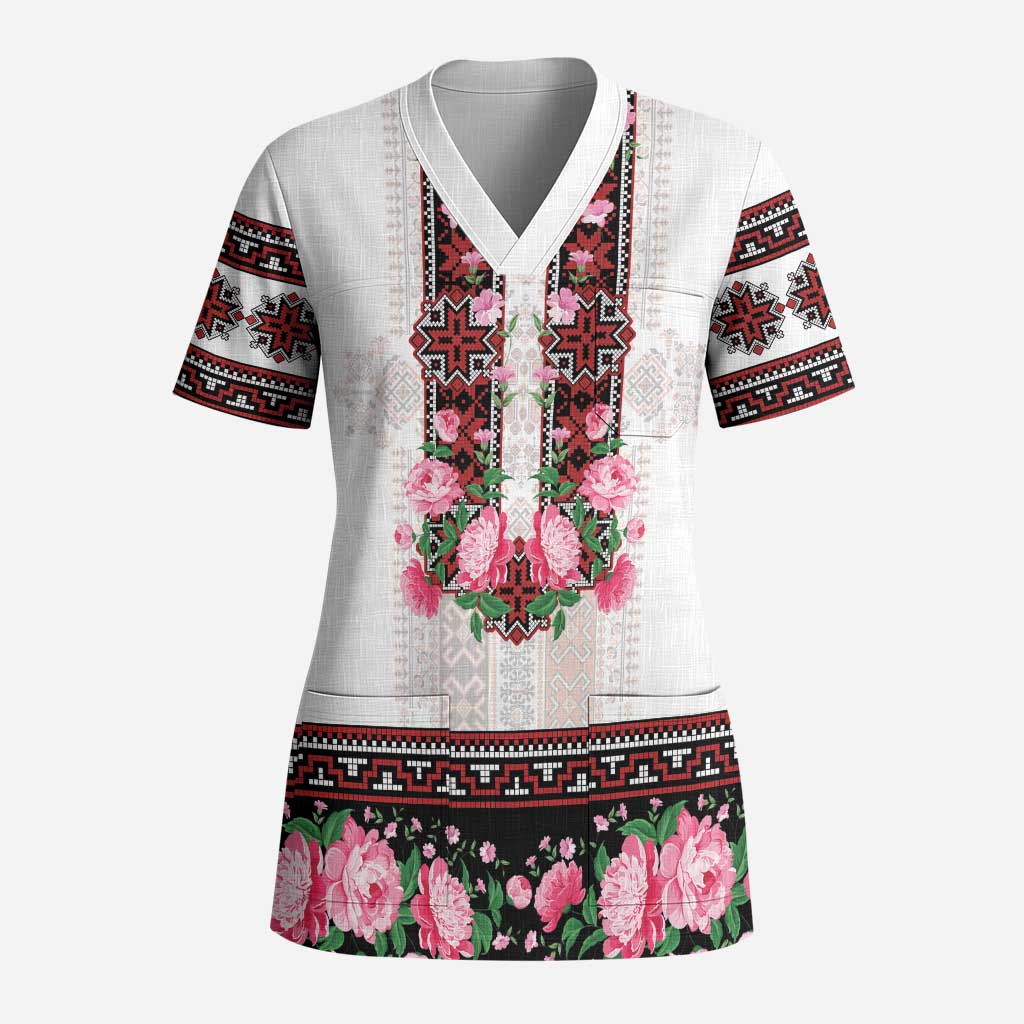 Red Romanian National Costume Scrub Top Peony Flowers Traditional Folk Pattern - Wonder Print Shop