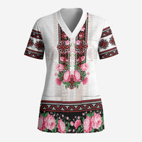 Red Romanian National Costume Scrub Top Peony Flowers Traditional Folk Pattern - Wonder Print Shop