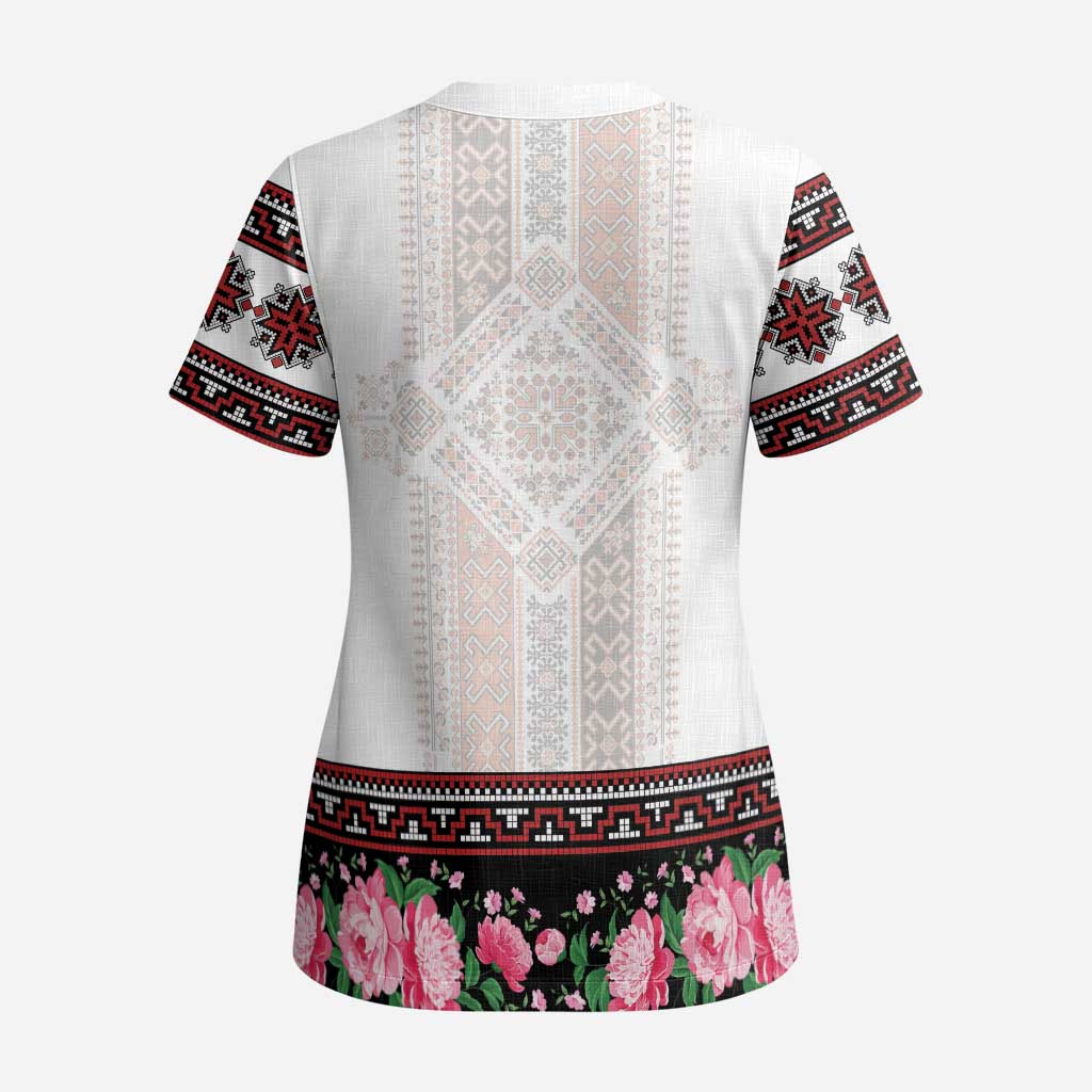 Red Romanian National Costume Scrub Top Peony Flowers Traditional Folk Pattern - Wonder Print Shop