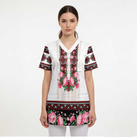 Red Romanian National Costume Scrub Top Peony Flowers Traditional Folk Pattern - Wonder Print Shop
