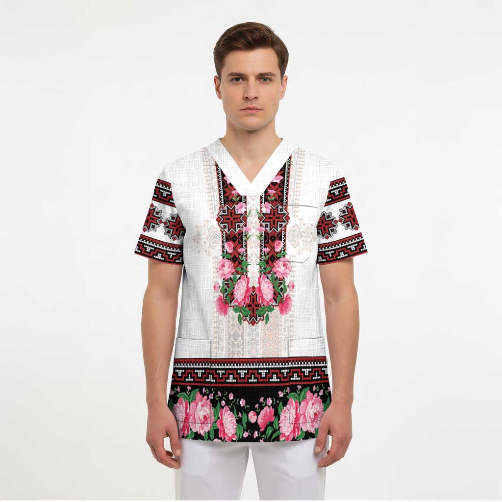 Red Romanian National Costume Scrub Top Peony Flowers Traditional Folk Pattern - Wonder Print Shop