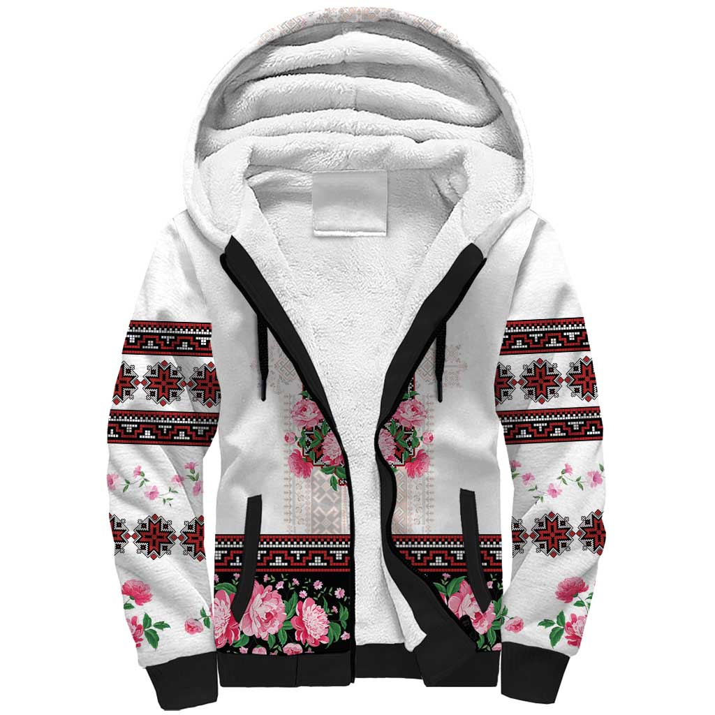 Red Romanian National Costume Sherpa Hoodie Peony Flowers Traditional Folk Pattern - Wonder Print Shop