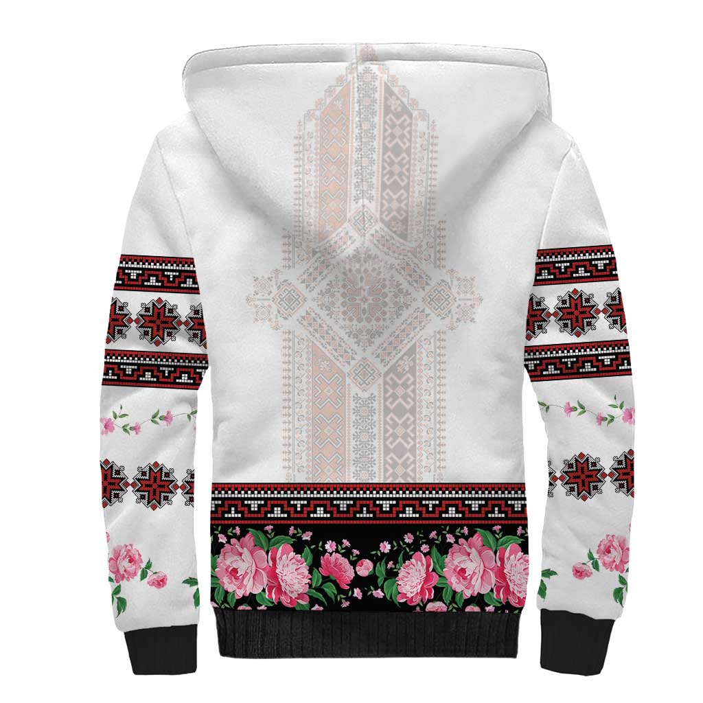 Red Romanian National Costume Sherpa Hoodie Peony Flowers Traditional Folk Pattern - Wonder Print Shop