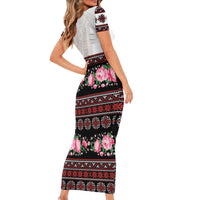 Red Romanian National Costume Short Sleeve Bodycon Dress Peony Flowers Traditional Folk Pattern - Wonder Print Shop