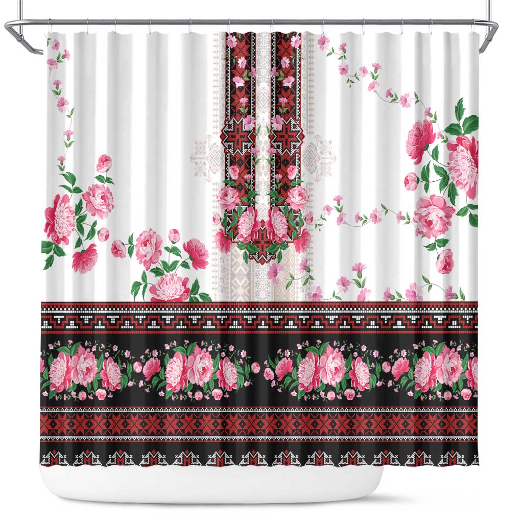 Red Romanian National Costume Shower Curtain Peony Flowers Traditional Folk Pattern - Wonder Print Shop